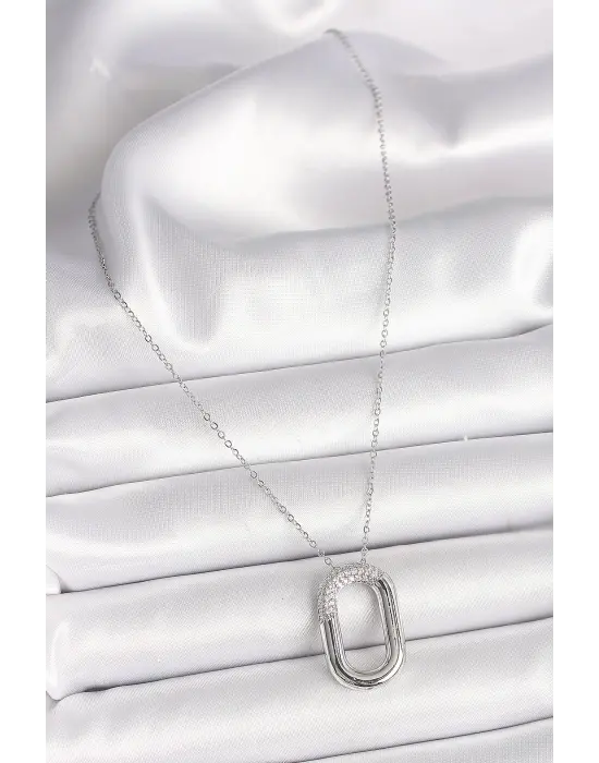  Gümüş  Zirkon Taşlı Oval Model  Çelik Kolye