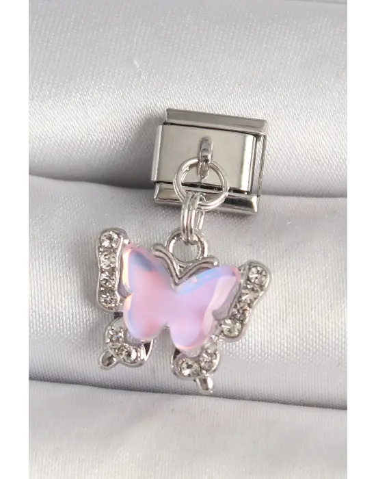 316L Çelik Gümüş Renk Zirkon Taşlı Pembe Kelebek Model Nomination Charm