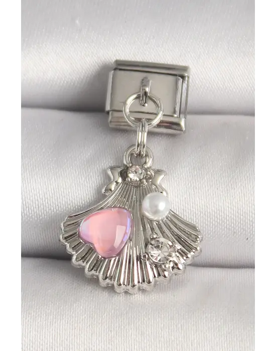 316L Çelik Gümüş Renk Zirkon Taşlı Pembe Mineli Kalp Detay Nomination Charm