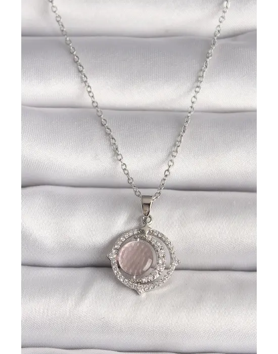  Gümüş  Zirkon Taşlı Pembe Sedefli Hilal Model  Çelik Kolye