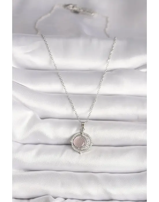  Gümüş  Zirkon Taşlı Pembe Sedefli Hilal Model  Çelik Kolye