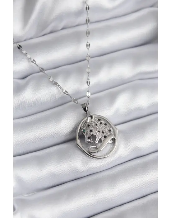  Gümüş  Zirkon Taşlı Puma Model  Çelik Kolye