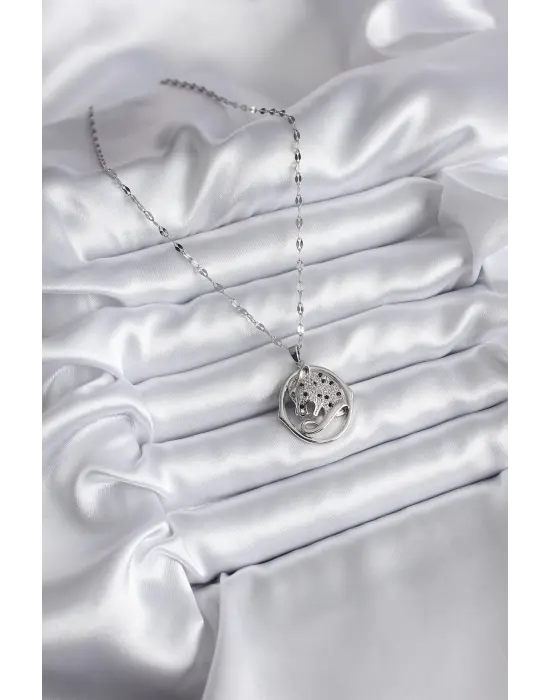  Gümüş  Zirkon Taşlı Puma Model  Çelik Kolye