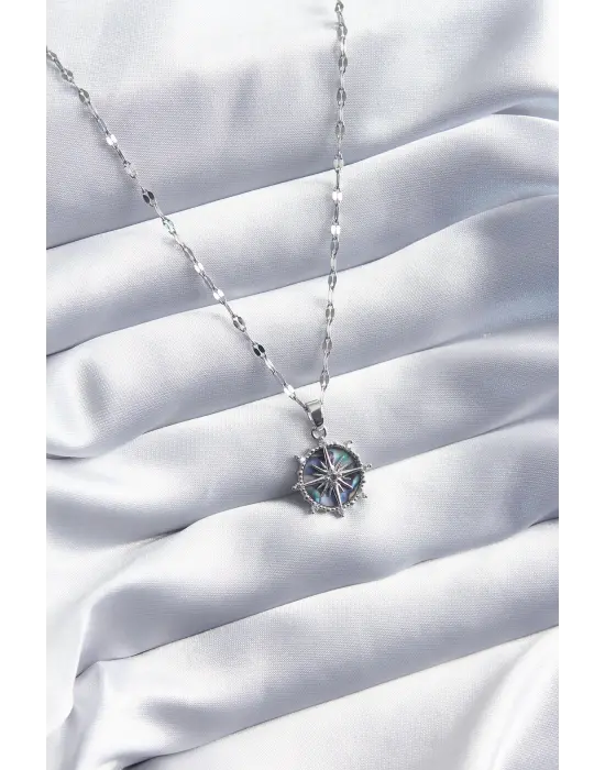 316L Çelik Gümüş Renk Zirkon Taşlı Pusula Model Kadın Kolye