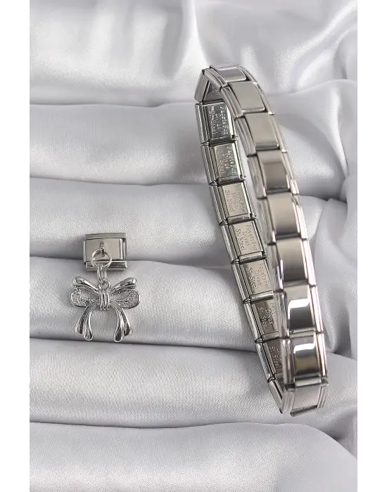 316L Çelik Gümüş Renk Zirkon Taşlı Sallantı Fiyonk Model Nomination Charm