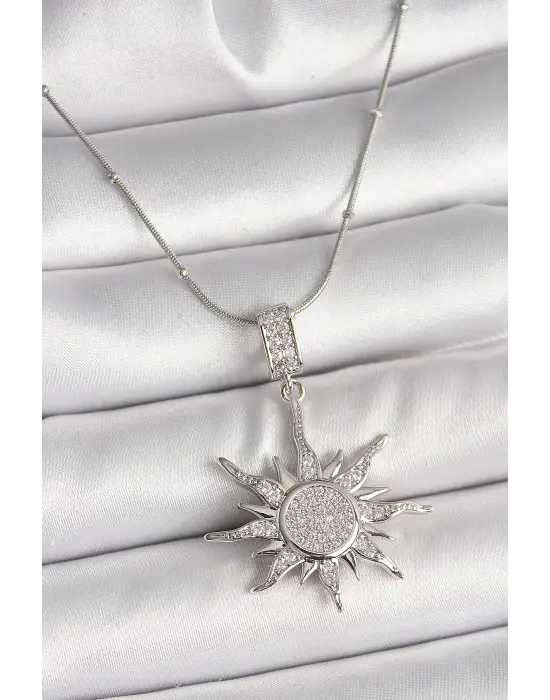 316L Çelik Gümüş Renk Zirkon Taşlı Sallantı Güneş Model Topçuk Zincir Kadın Kolye