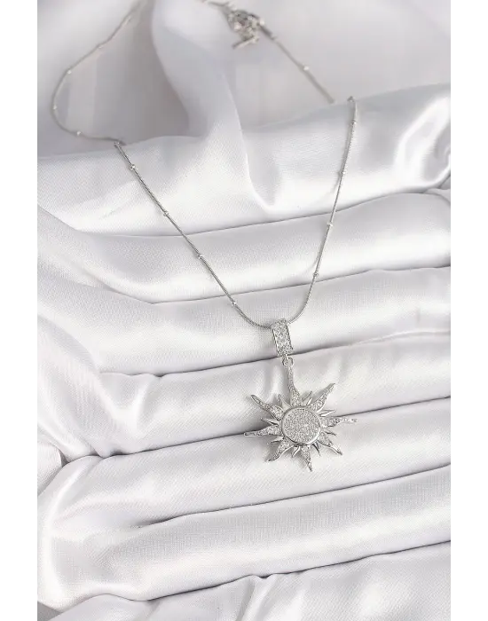 316L Çelik Gümüş Renk Zirkon Taşlı Sallantı Güneş Model Topçuk Zincir Kadın Kolye