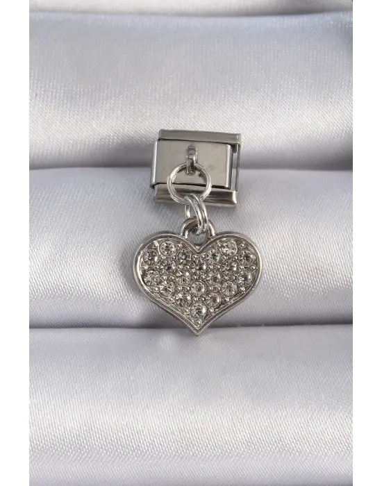 316L Çelik Gümüş Renk Zirkon Taşlı Sallantı Kalp Figür Nomination Charm