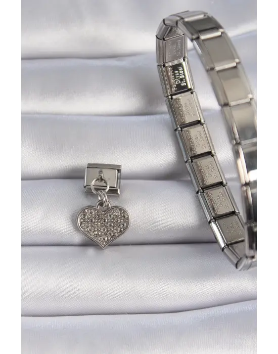 316L Çelik Gümüş Renk Zirkon Taşlı Sallantı Kalp Figür Nomination Charm