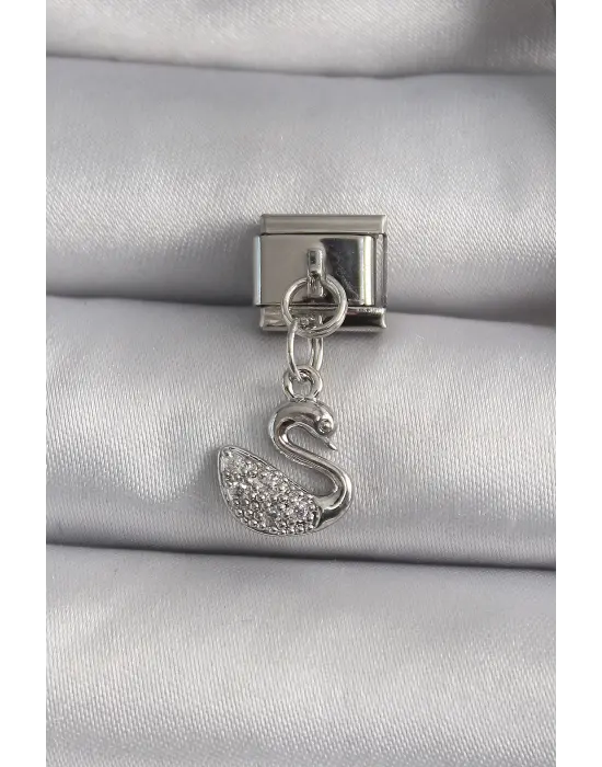 316L Çelik Gümüş Renk Zirkon Taşlı Sallantı Kuğu Model Nomination Charm