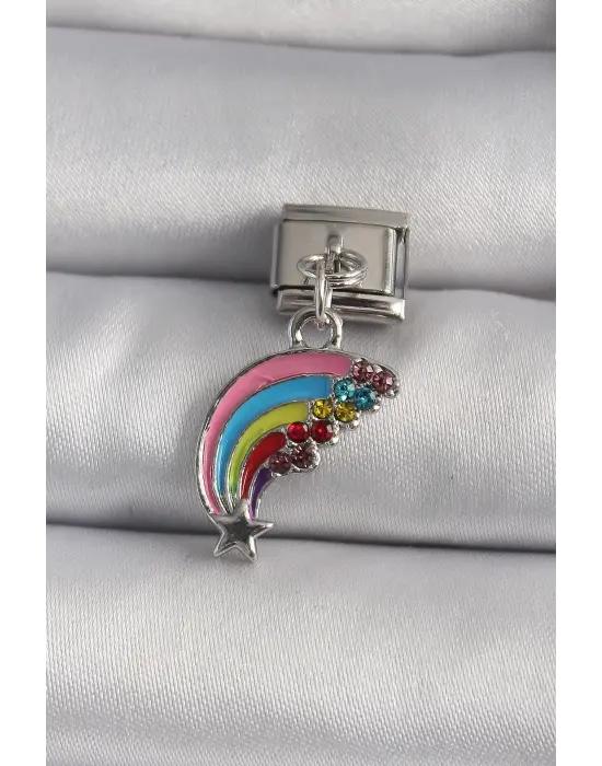 316L Çelik Gümüş Renk Zirkon Taşlı Sallantı Renkli Kayan Yıldız Model Nomination Charm