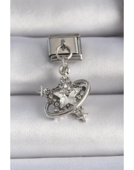 316L Çelik Gümüş Renk Zirkon Taşlı Sallantı Yıldız Model Nomination Charm
