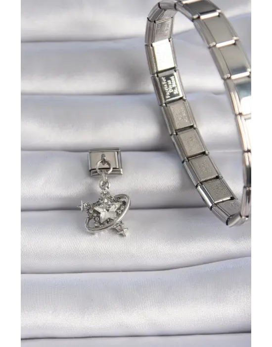 316L Çelik Gümüş Renk Zirkon Taşlı Sallantı Yıldız Model Nomination Charm