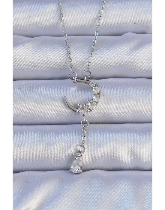  Gümüş  Zirkon Taşlı Sallantılı Ay Figür Çelik Kolye