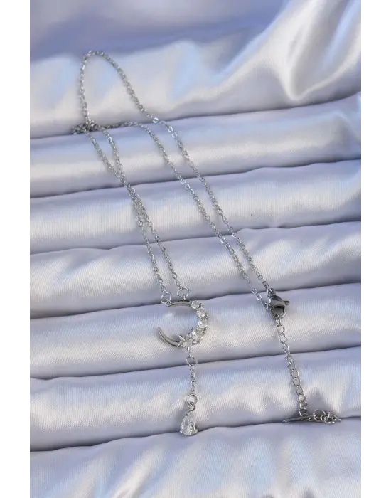  Gümüş  Zirkon Taşlı Sallantılı Ay Figür Çelik Kolye