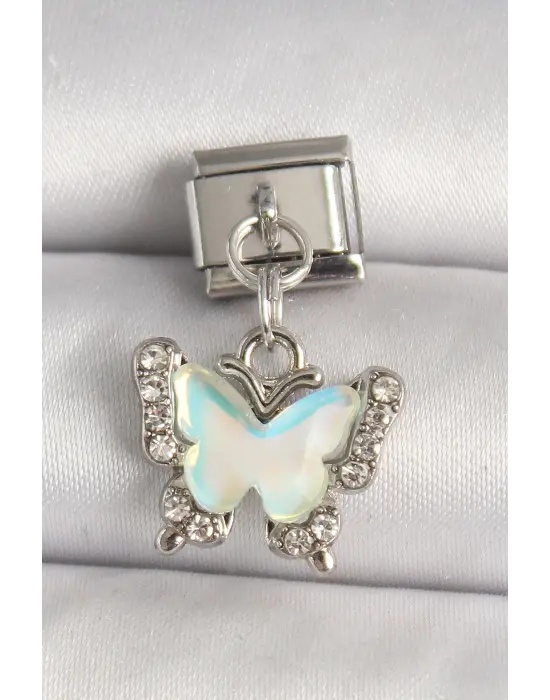 316L Çelik Gümüş Renk Zirkon Taşlı Sarı Mineli Kelebek Model Nomination Charm