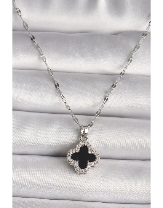  Gümüş  Zirkon Taşlı Siyah Yonca Model  Çelik Kolye