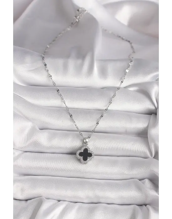  Gümüş  Zirkon Taşlı Siyah Yonca Model  Çelik Kolye