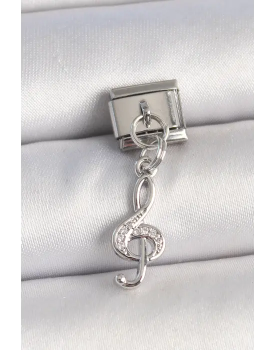 316L Çelik Gümüş Renk Zirkon Taşlı Sol Anahtar Model Nomination Charm