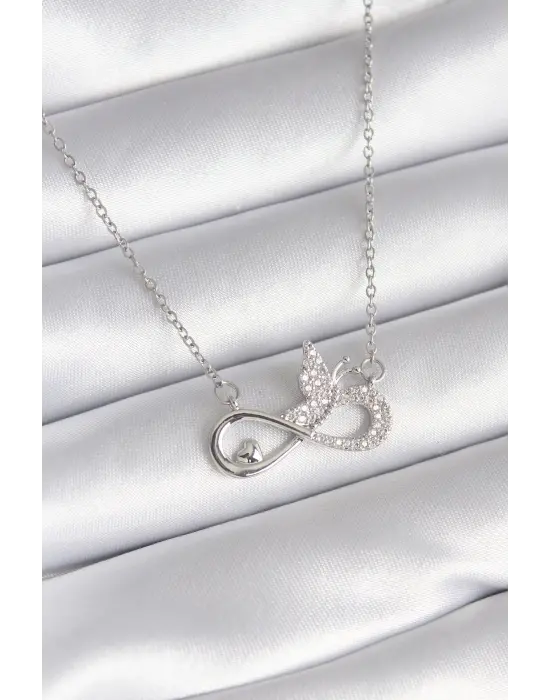  Gümüş  Zirkon Taşlı Sonsuzluk Model Kelebek Detay  Çelik Kolye