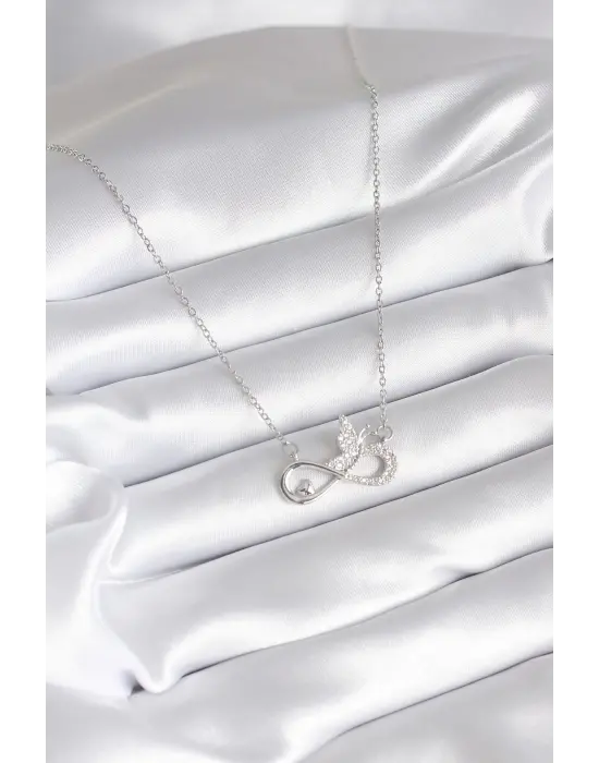  Gümüş  Zirkon Taşlı Sonsuzluk Model Kelebek Detay  Çelik Kolye