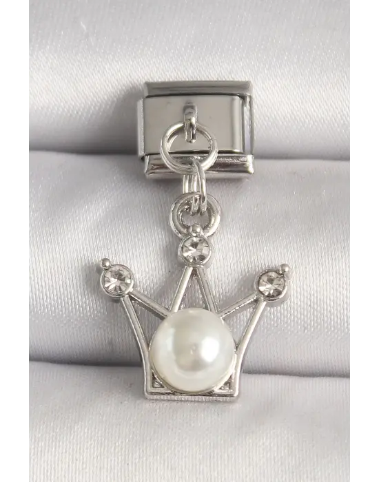 316L Çelik Gümüş Renk Zirkon Taşlı Taç Model İnci Detay Nomination Charm