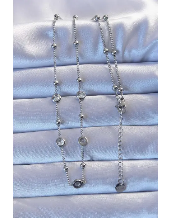  Gümüş  Zirkon Taşlı Top Zincirli Çelik Kolye