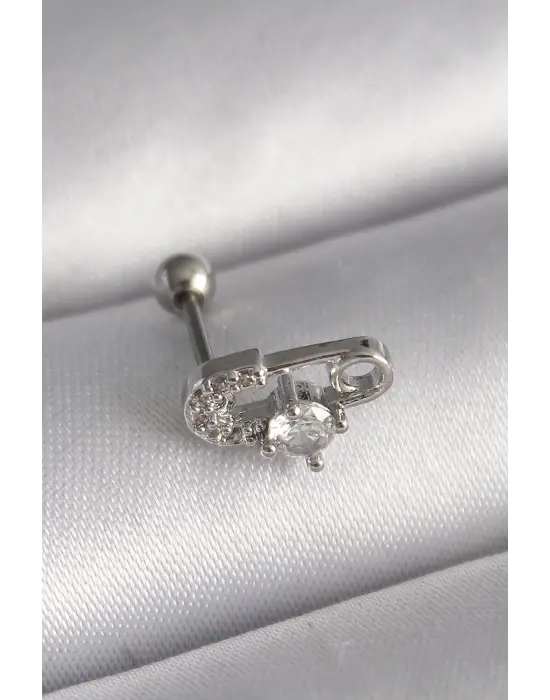 316L Çelik Gümüş Renk Zirkon Taşlı Toplu İğne Tragus Piercing