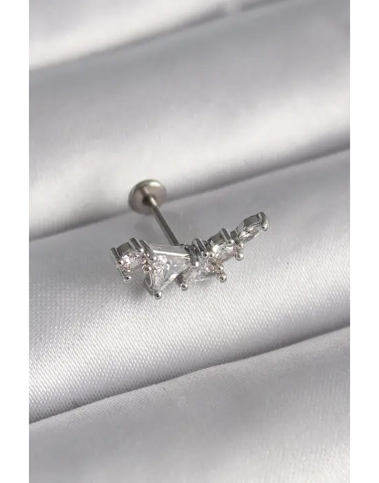 316L Çelik Gümüş Renk Zirkon Taşlı Tragus Piercing