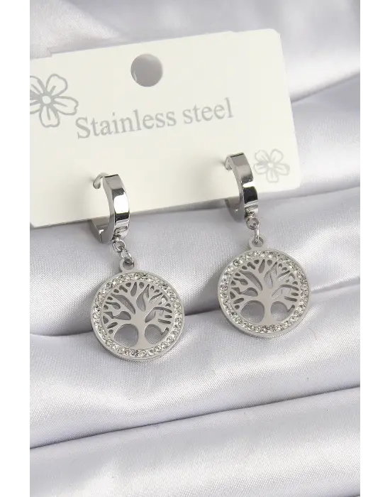   Gümüş Zirkon Taşlı Yaşam Ağacı Model Çelik Küpe