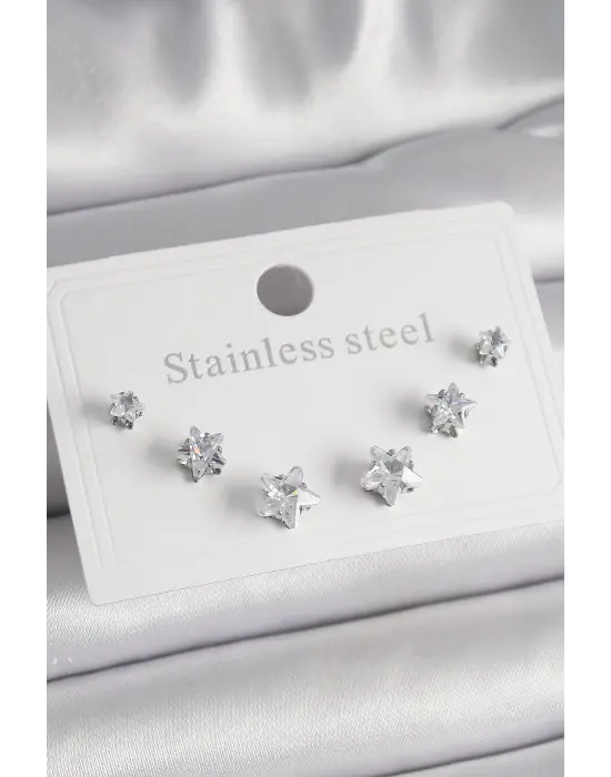   Gümüş Zirkon Taşlı Yıldız Model Çelik Küpe Seti