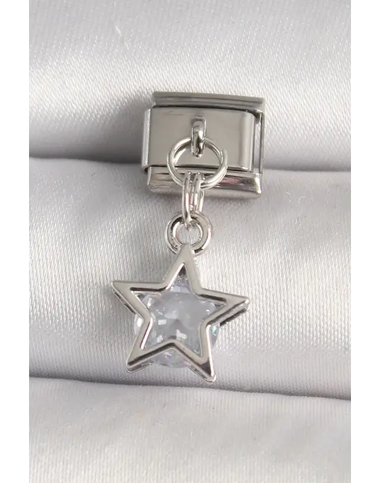 316L Çelik Gümüş Renk Zirkon Taşlı Yıldız Model Nomination Charm