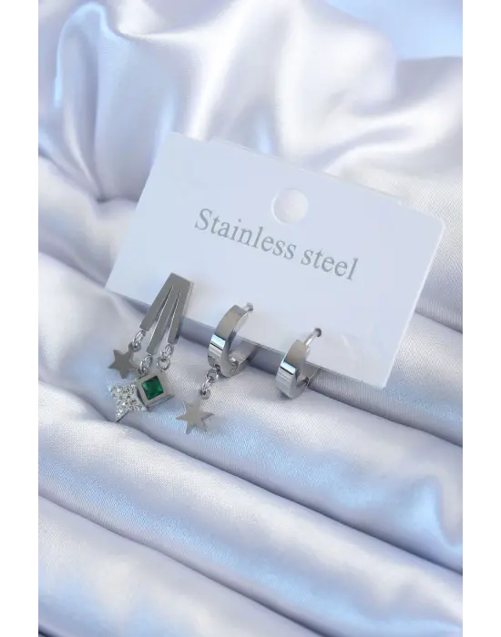 316L Çelik Gümüş Renk Zirkon Taşlı Yıldız Model Yıldız Detay Kadın Küpe