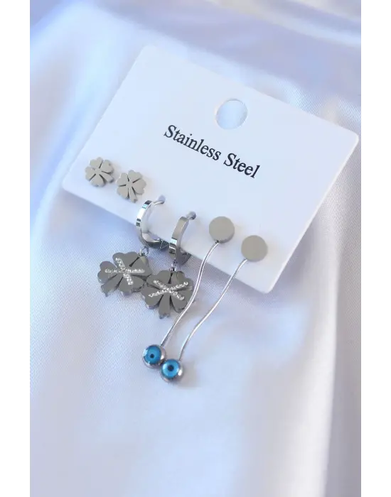   Gümüş Zirkon Taşlı Yonca Figür Sallantı Nazar Boncuk Model Çelik Küpe Seti