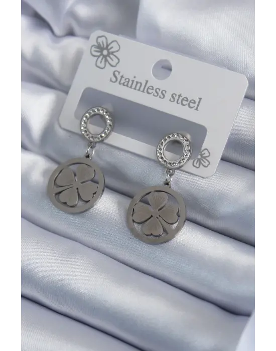   Gümüş Zirkon Taşlı Yonca Model İşleme Detay Çelik Küpe