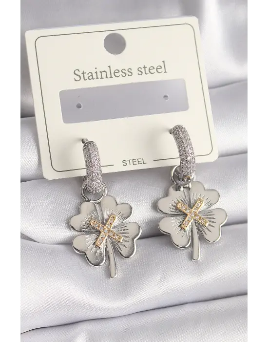   Gümüş Zirkon Taşlı Yonca Model Çelik Küpe