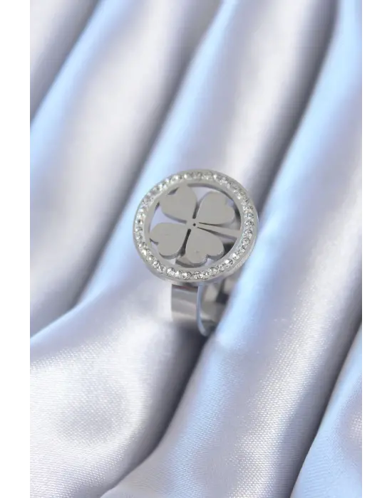 316L Çelik Gümüş Zirkon Taşlı Yonca Model Çelik Yüzük