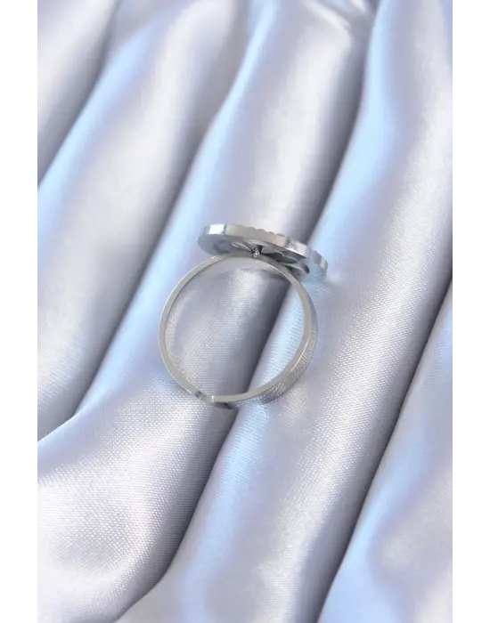 316L Çelik Gümüş Zirkon Taşlı Yonca Model Çelik Yüzük