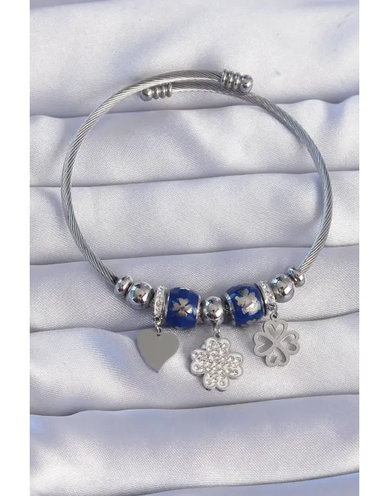316L Çelik Gümüş Renk Zirkon Taşlı Yonca Tasarımlı Kalp Detay Mineli Charm Bileklik