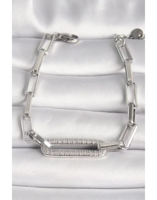 316L Çelik Gümüş Renk Zirkon Taşlı Zincir Kadın Bileklik