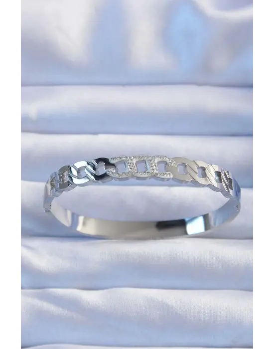 316L Çelik Gümüş Renk Zirkon Taşlı Zincir Model Kelepçe