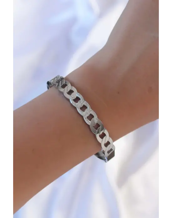 316L Çelik Gümüş Renk Zirkon Taşlı Zincir Model Kelepçe