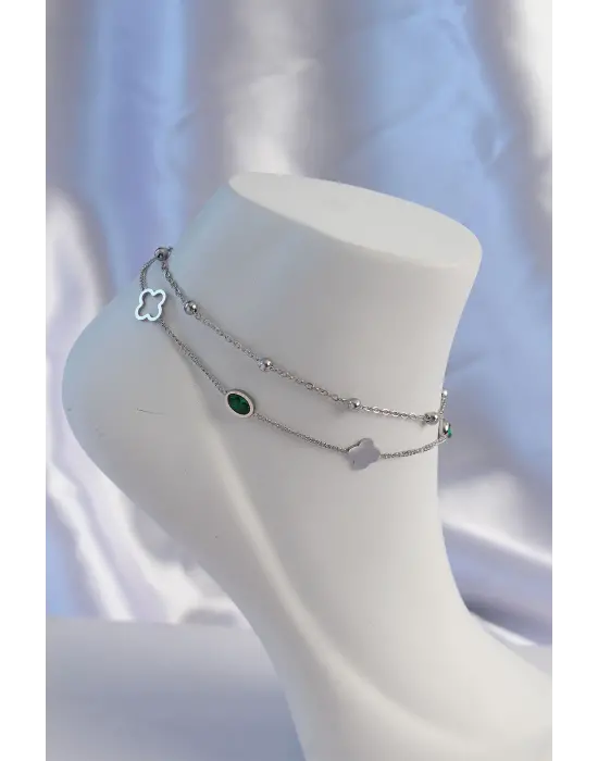 316L Çelik Gümüş Renk Zümrüt Yeşili Taş Detaylı 2li Yonca Model Halhal
