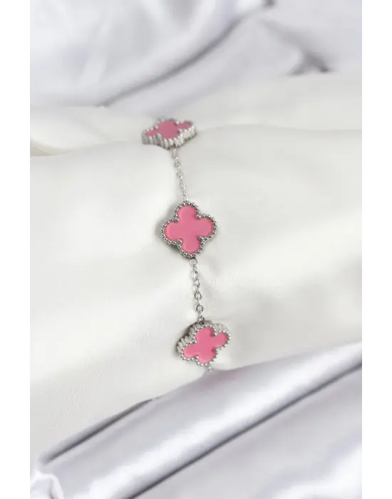 316L Çelik Gümüş Zincir Pembe Renk Yonca Bileklik