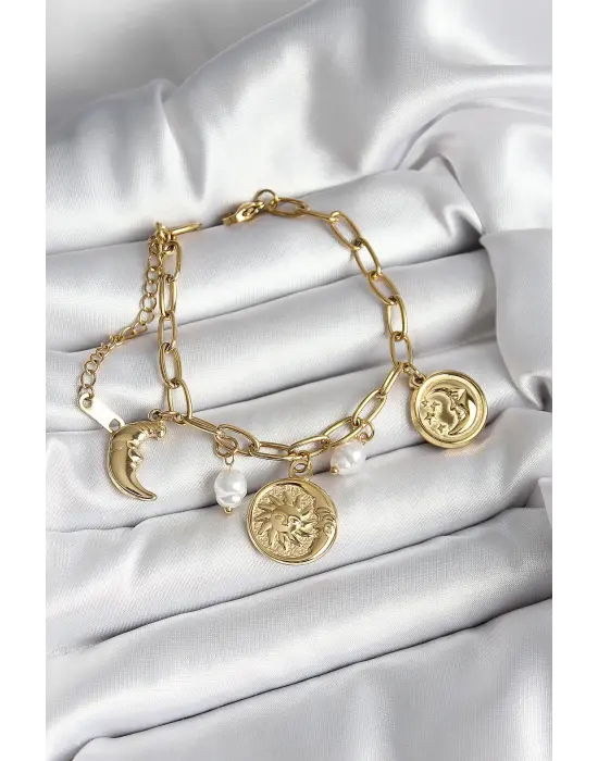 316L Çelik Güneş Ay ve Para Figürlü İnci Detaylı Sallantılı Gold Renk Kadın Bileklik