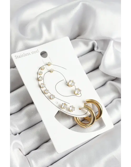 316L Çelik Halka Figürlü Ve Zirkon Taşlı Gold Renk 7li Çift Kadın Küpe Set