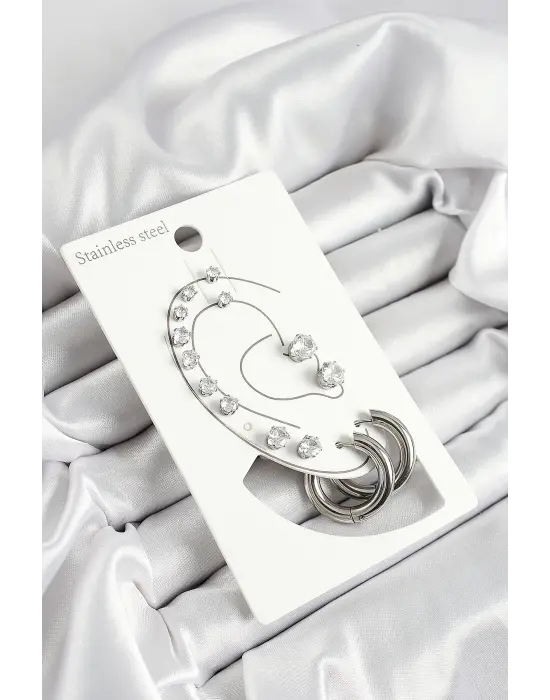 316L Çelik Halka Figürlü Ve Zirkon Taşlı Gümüş Renk 7li Çift Kadın Küpe Set