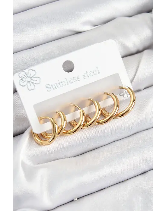 316L Çelik Halka Model Gold Renk 3lü Set Kadın Küpe