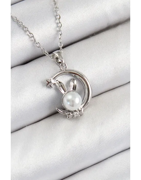 316L Çelik İnci Detaylı Hilal Tavşan Model Gümüş Renk Kadın Kolye
