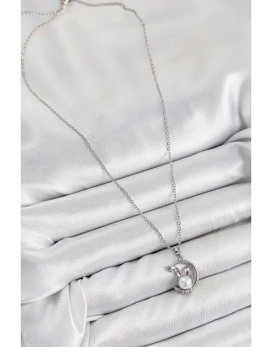 316L Çelik İnci Detaylı Hilal Tavşan Model Gümüş Renk Kadın Kolye